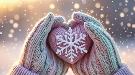  Knitted mittens holding heart-shaped snow, romantic winter moment, cozy love feeling in soft daylight atmosphere 
