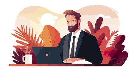 Businessman working on laptop in office illustration