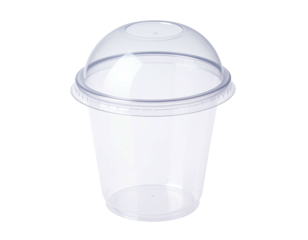 Transparent plastic cup with a clear dome lid, viewed at a slight angle against a black background