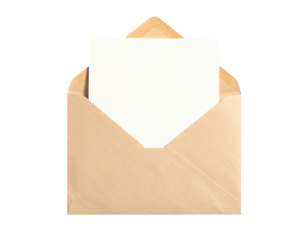 A beige envelope with an opened flap, and a blank white card