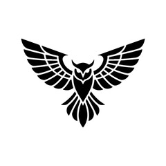 A silhouette of stylized flying owl tattoo or logo with spread wings.