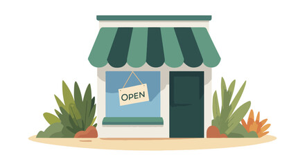 Cartoon storefront illustration with open sign plants green awning and closed door