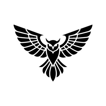 A silhouette of stylized flying owl tattoo or logo with spread wings.