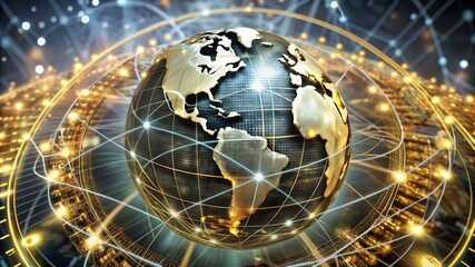 Global Digital Network with Interconnected Nodes Over World Map,global network over planet earth. World connection
