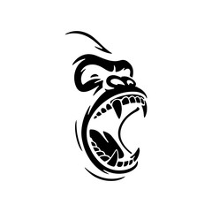 A silhouette of fierce gorilla or monkey head roaring tattoo or logo.