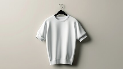 Minimalist white short-sleeve sweatshirt on hanger, soft neutral background, elegant modern apparel mockup design