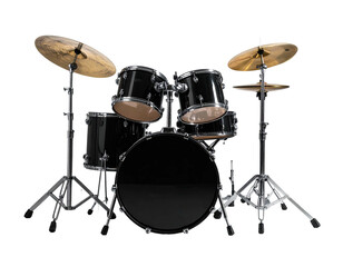 A complete drum set isolated on a black background, showcasing all drums and cymbals