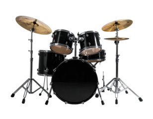 A complete drum set isolated on a black background, showcasing all drums and cymbals