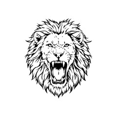 A silhouette of roaring lion head with full mane.