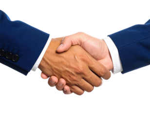 A close-up photo shows a firm handshake between two individuals wearing suits
