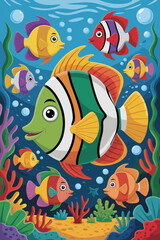 Naklejka premium Colorful Tropical Fish in Underwater Cartoon Scene. Cute Marine Life Illustration for Kids and Posters.