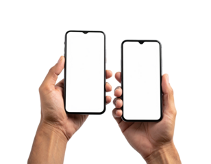 Two hands display smartphones of different sizes against a black background, screens blank