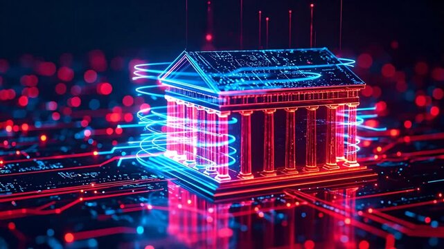 Abstract visualization of a glowing financial institution on a circuit board, symbolizing secure digital banking, fintech innovation, and global economic data flow
