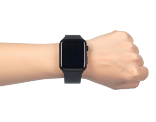 A wristwatch, with a black screen, sits atop a person?s wrist and hand, against a blank backdrop