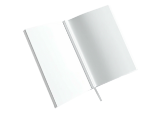 An open book, facing upward, showing blank pages ready for writing and recording information