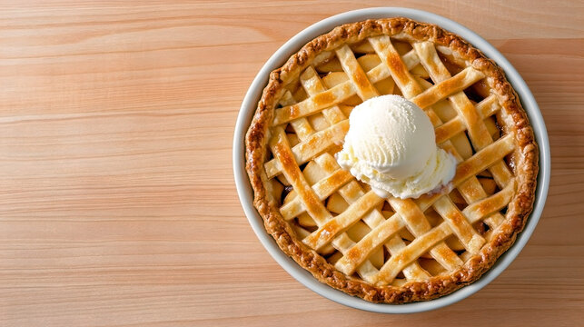 Homemade apple pie with golden lattice crust topped with a scoop of vanilla ice cream on a wooden table background. Concept of cozy home baking and dessert indulgence - Powered by Adobe