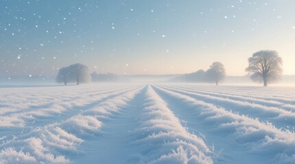 Peaceful snowy field under pale blue sky, endless winter horizon, soft white textures glowing in frosty sunlight