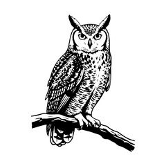 A silhouette of alert great horned owl perched on branch facing forward black and white engraving.