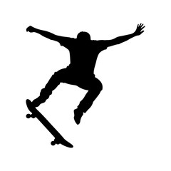 A silhouette of skateboarder in mid-air jump or ollie trick.