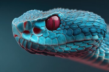 Close view of a bright blue snake, showing the scales and a striking red eye in sharp focus against a blurred dark background