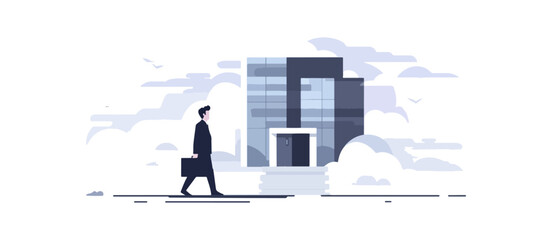 Business person walking towards office building illustration