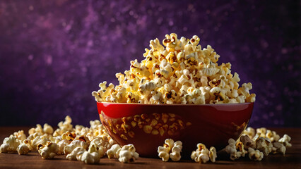 A large bowl of fresh buttered popcorn on a dark background with dramatic lighting and scattered pieces