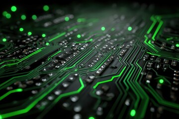 Green illuminated circuit board displays modern technology and electronic connections, symbolizing data transmission and digital infrastructure