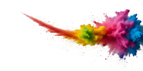 Fototapeta premium Vector watercolor rainbow multicolor splatter design background. Multicolored rainbow explosion of cloud powder paint decoration isolated on transparent background.