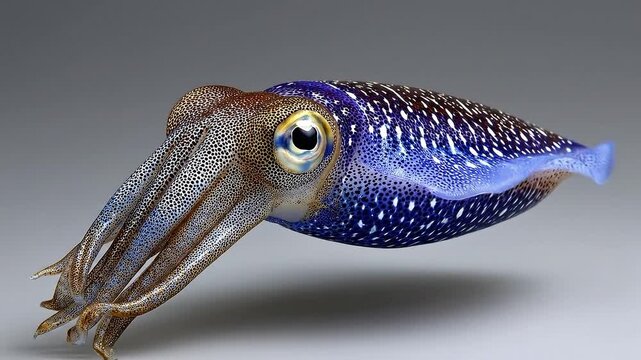 A cuttlefish exhibits a striking color pattern of brown and blue spots against a gray backdrop