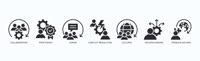 Effective Teamwork Icon Set Isolated Vector With Icon Of Collaboration, Proficiency, Forum, Conflict Resolution, Cultural, Decision Making, Problem Solving In Black Style