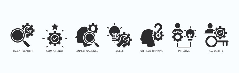 Powering Competence Icon Set Isolated Vector With Icon Of Talent Search, Competency, Analytical Skill, Skills, Critical Thinking, Initiative, Capability In Black Style