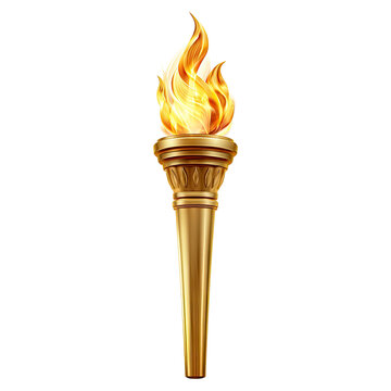 Golden olympic torch with bright flames burning brightly isolated on transparent background