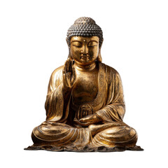 Ancient golden buddha statue meditating in lotus position isolated on transparent background