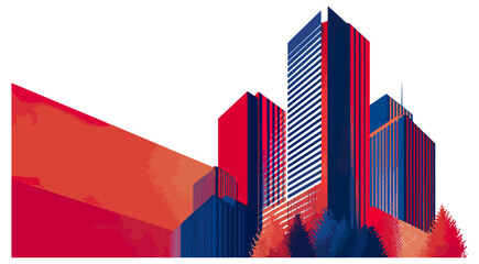 Abstract cityscape illustration with modern buildings and trees