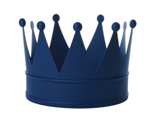 A dark blue crown with triangular points and small rounded spheres