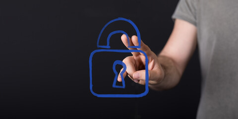 Secure online data, digital privacy, cyber safety, hand unlocking a virtual lock.