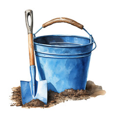 Garden tools, bucket and shovel watercolor illustration isolated