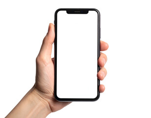 A hand firmly holding a modern smartphone with a blank white screen, against a black background