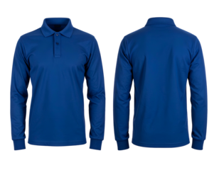 Front and back views of a long-sleeved blue polo shirt, isolated on a black background
