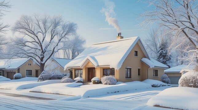  Snowy house in a quiet neighborhood, wrapped in winter’s cold embrace with thick snow on the roof and yard 