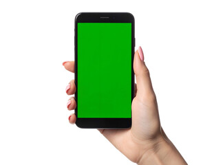 Person's hand holding a smartphone with a green screen against a black background