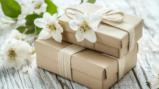 Three beautifully wrapped gifts with twine and white flowers, perfect for a special occasion or gift-giving moment