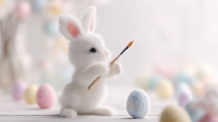 Fototapeta premium Adorable Easter scene with bunny painting egg in pastel shades, capturing warmth, innocence, and celebration.