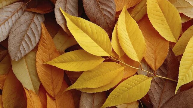 A dense pile of autumn leaves in shades of brown yellow and orange with prominent leaf vein details