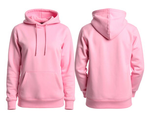 Front and back view of a pastel pink hooded sweatshirt with a kangaroo pocket