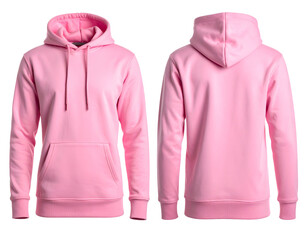 Front and back view of a pink hoodie, featuring a front pocket and hood