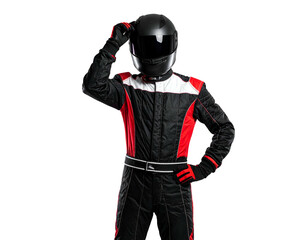 Person in racing attire, black helmet, striking a thoughtful pose against a solid background