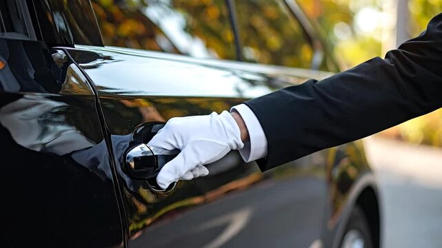 A chauffeur in a white glove opens the door of a luxury black car.