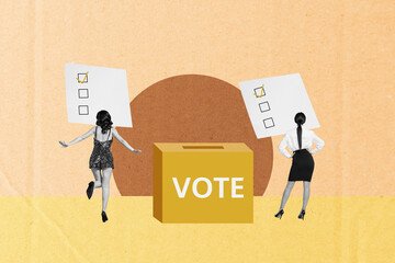 Full 3d trendy magazine photo collage of happy girl guy stand election box paper sheet ballot...