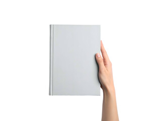 A hand holding a closed book with a blank gray cover against a black background